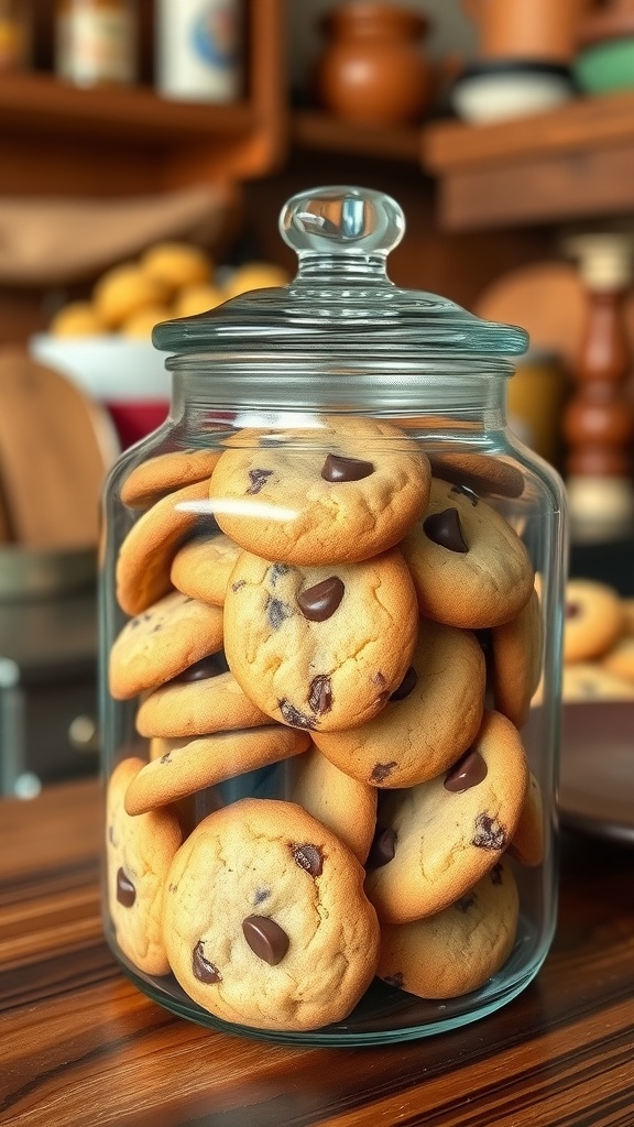 A glass cookie jar overflowing with chocolate chip cookies on a rustic kitchen counter.